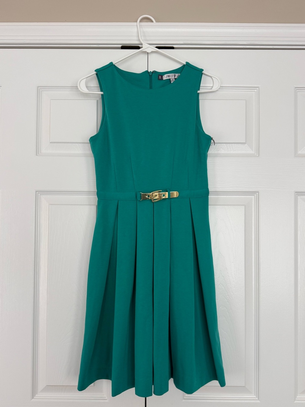 Jennifer Lopez Teal Sleeveless Pleated Dress with Gold Buckle Island Paradise
